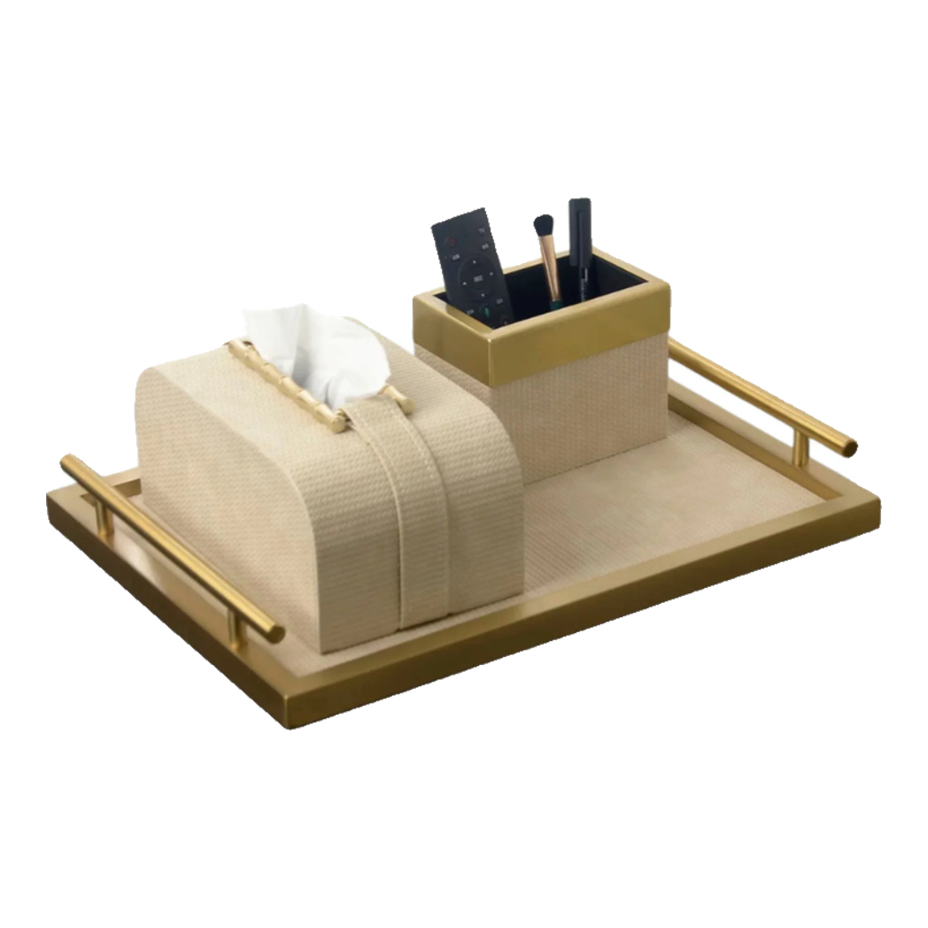 Maison Couture - Set Khay Hộp Giấy Gỗ Sồi Da Cao Cấp Héritage Bamboo 3Pcs 30x40 - Dolce Latte-HỘP KHĂN GIẤY-Đối tác tại Trung Quốc theo từng đơn đặt hàng-CẬU HAI HOME DECOR