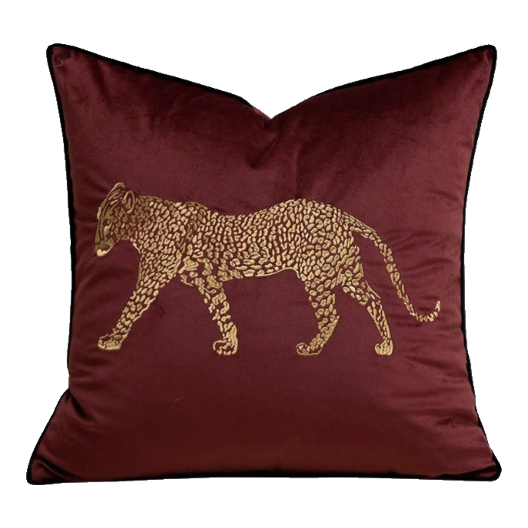 Vỏ Gối Nhung Đỏ Báo Đốm Burgundy Panther Écartier 45-VỎ GỐI-Đối tác tại Trung Quốc theo từng đơn đặt hàng-CẬU HAI HOME DECOR