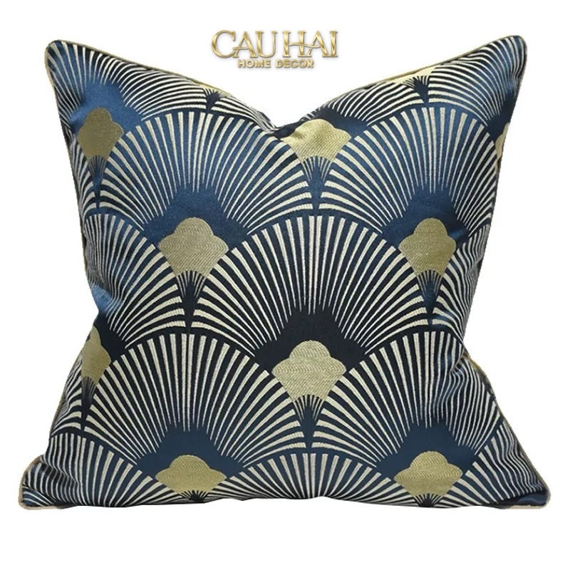 VỎ GỐI JACQUARD ST PATRICK BLUE D'Or ART DÉCO FAN 45 - CẬU HAI HOME DECOR