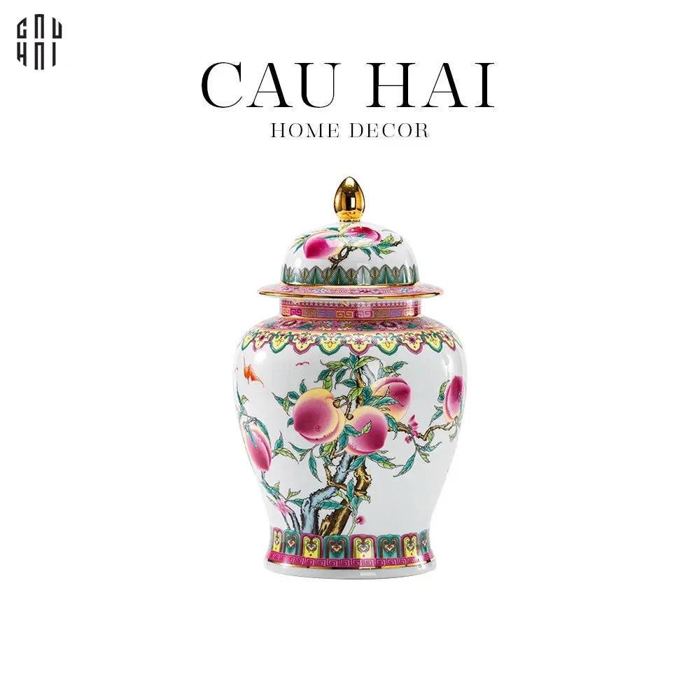 Bình Hoa Bạch Ngọc - Đào Tiên Ngự Phúc- White Jade Vase – Celestial Peach Blessing H31-CẬU HAI HOME DECOR
