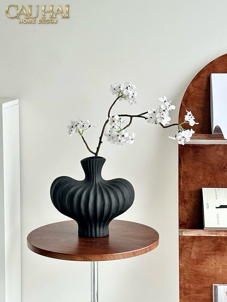 Bình Hoa Gốm Đen Petit Noir Plissé Vase 19x19.5-CẬU HAI HOME DECOR
