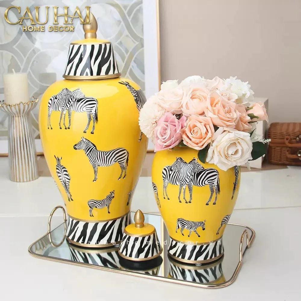Bình Hoa Gốm Sứ Tráng Men Zebra Doré Lidded Vase H49-CẬU HAI HOME DECOR