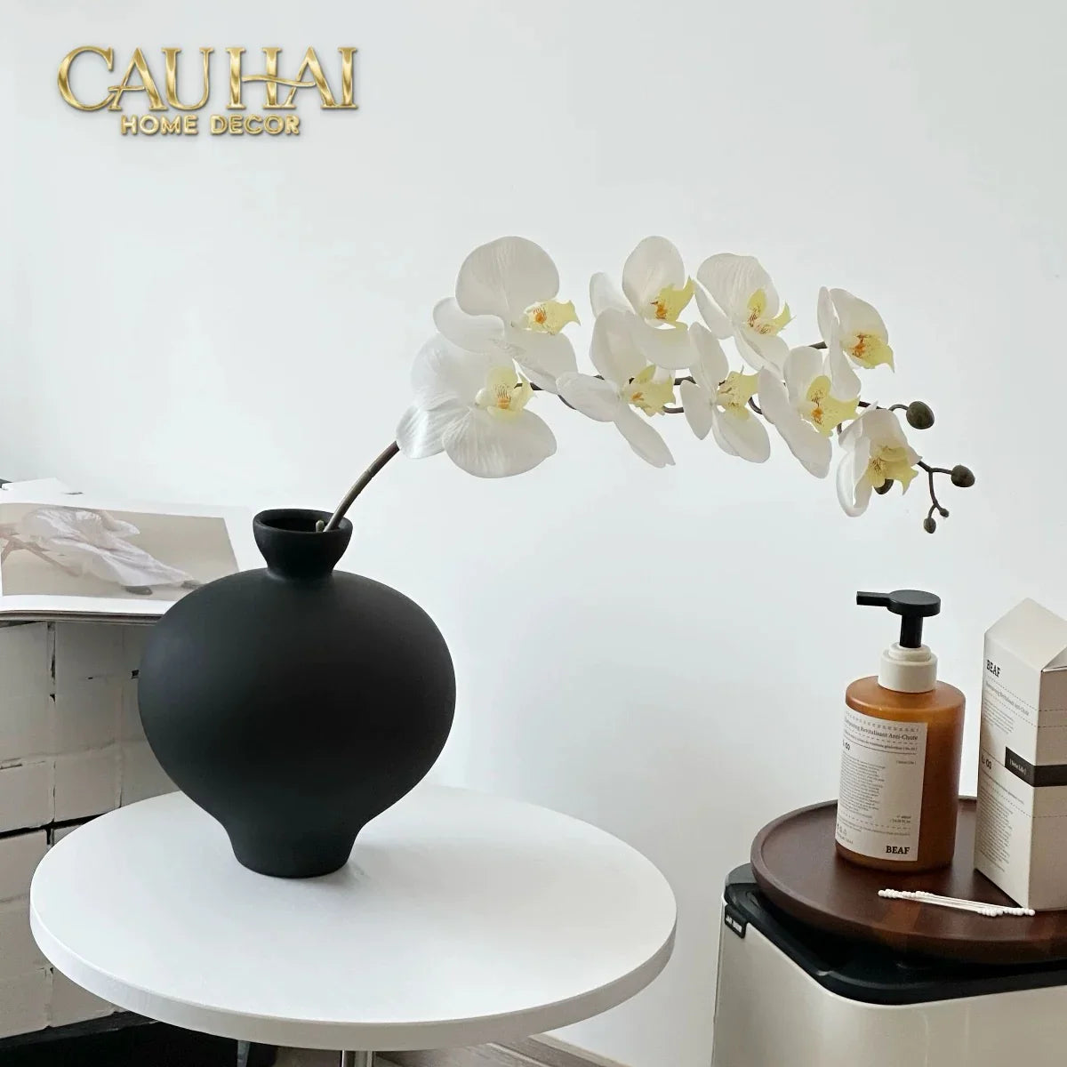 Bình Hoa Gốm Tròn Đen Noire Pearl Pottery Vase 23.5x17-CẬU HAI HOME DECOR
