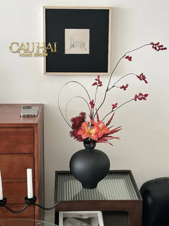 Bình Hoa Gốm Tròn Đen Noire Pearl Pottery Vase 23.5x17-CẬU HAI HOME DECOR