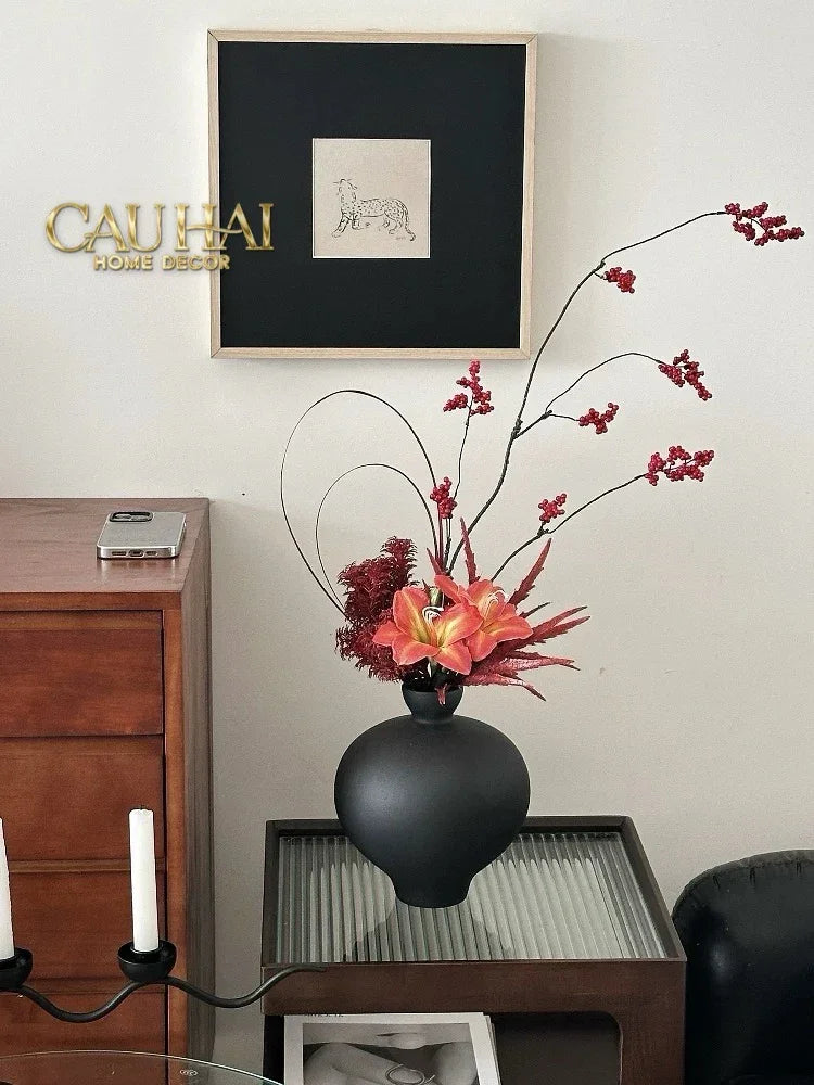 Bình Hoa Gốm Tròn Đen Noire Pearl Pottery Vase 23.5x17-BÌNH HOA-CẬU HAI HOME DECOR-CẬU HAI HOME DECOR