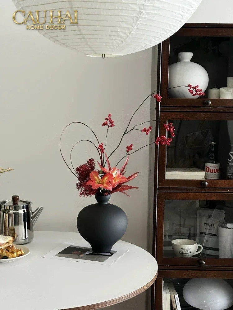 Bình Hoa Gốm Tròn Đen Noire Pearl Pottery Vase 23.5x17-CẬU HAI HOME DECOR