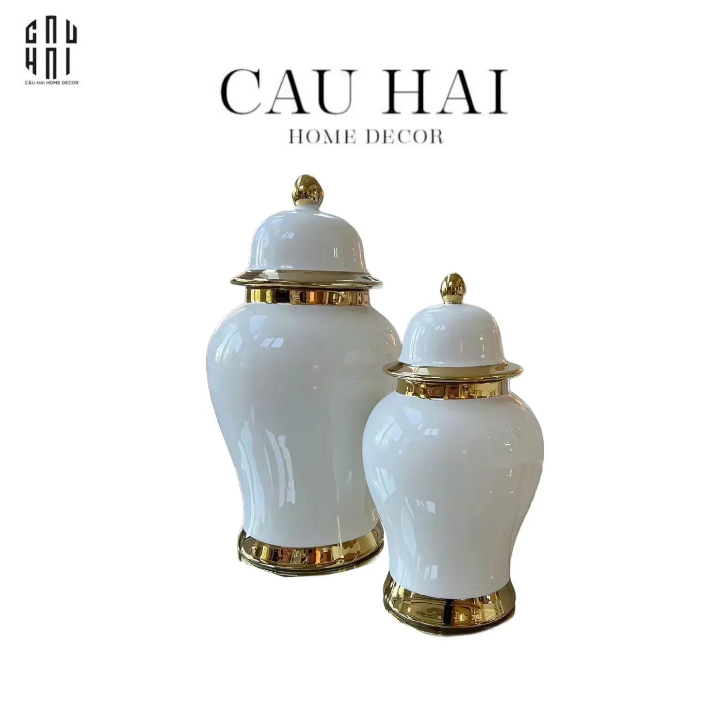 BÌNH HOA CÉRAMIQUE BLANCHE WHITE & GOLD HARMONY H33 - CẬU HAI HOME DECOR
