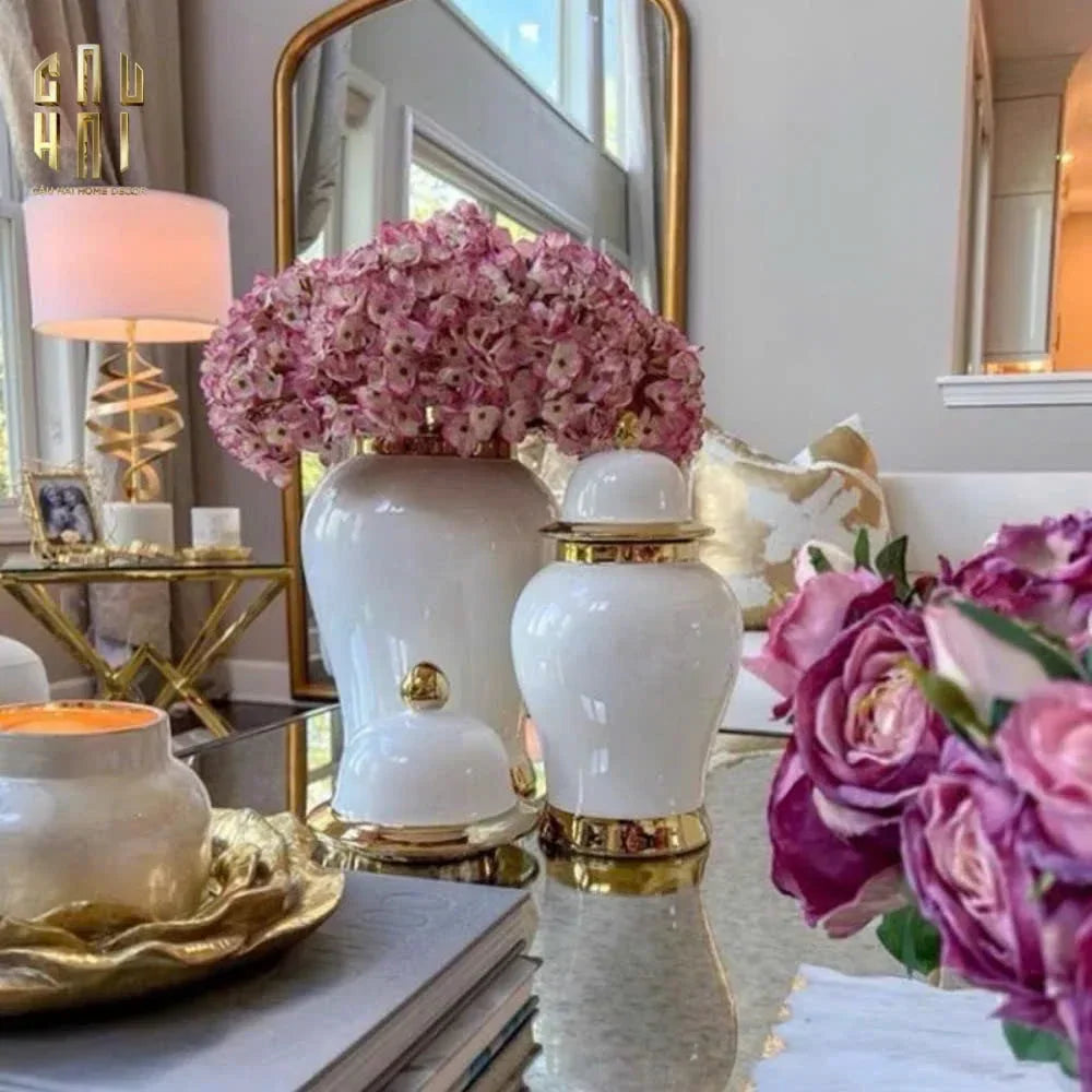 BÌNH HOA CÉRAMIQUE BLANCHE WHITE & GOLD HARMONY H33 - CẬU HAI HOME DECOR