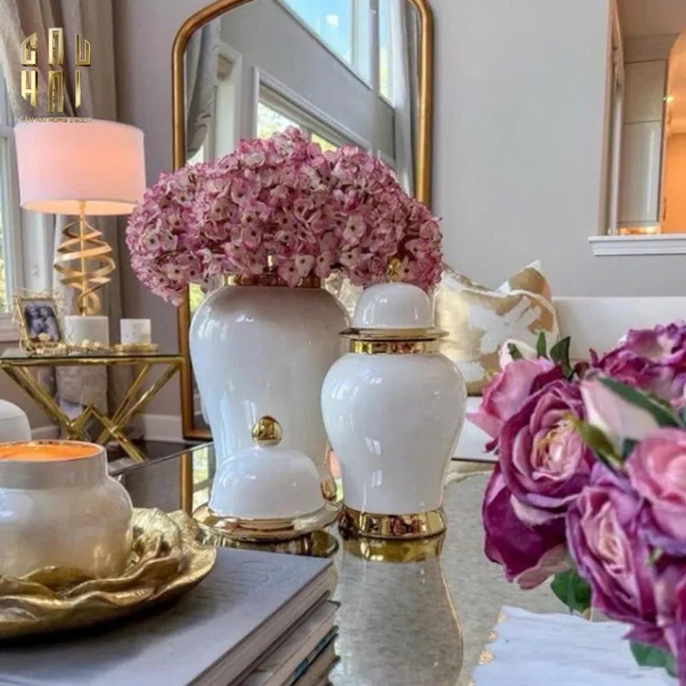 BÌNH HOA CÉRAMIQUE BLANCHE WHITE & GOLD HARMONY H42 - CẬU HAI HOME DECOR