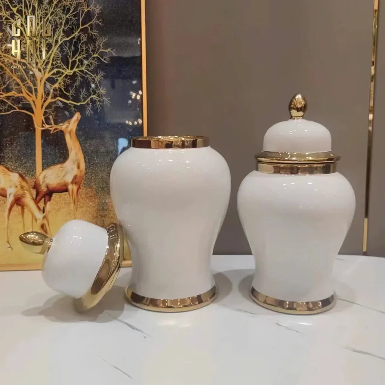BÌNH HOA CÉRAMIQUE BLANCHE WHITE & GOLD HARMONY H33 - CẬU HAI HOME DECOR