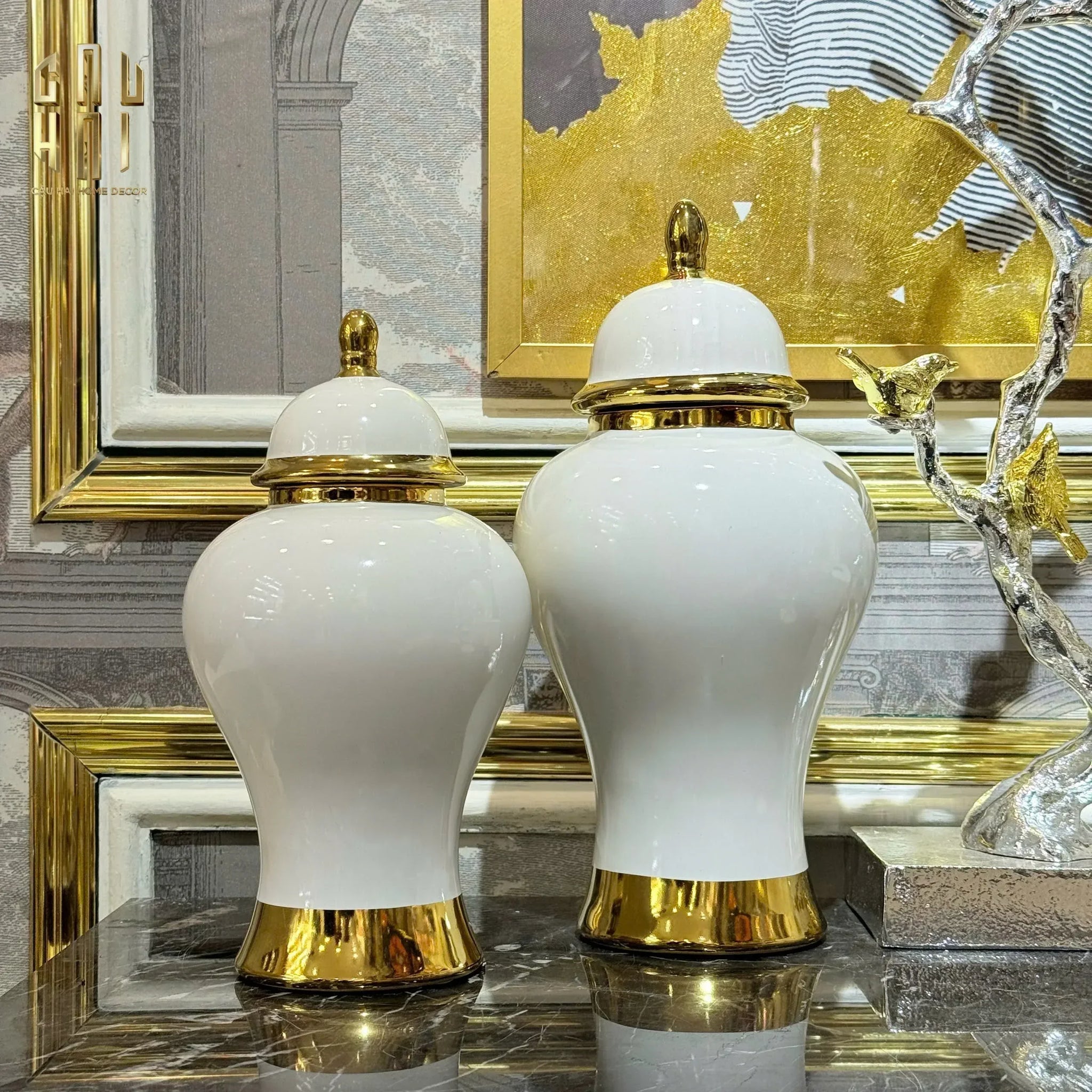 BÌNH HOA CÉRAMIQUE BLANCHE WHITE & GOLD HARMONY H33 - CẬU HAI HOME DECOR