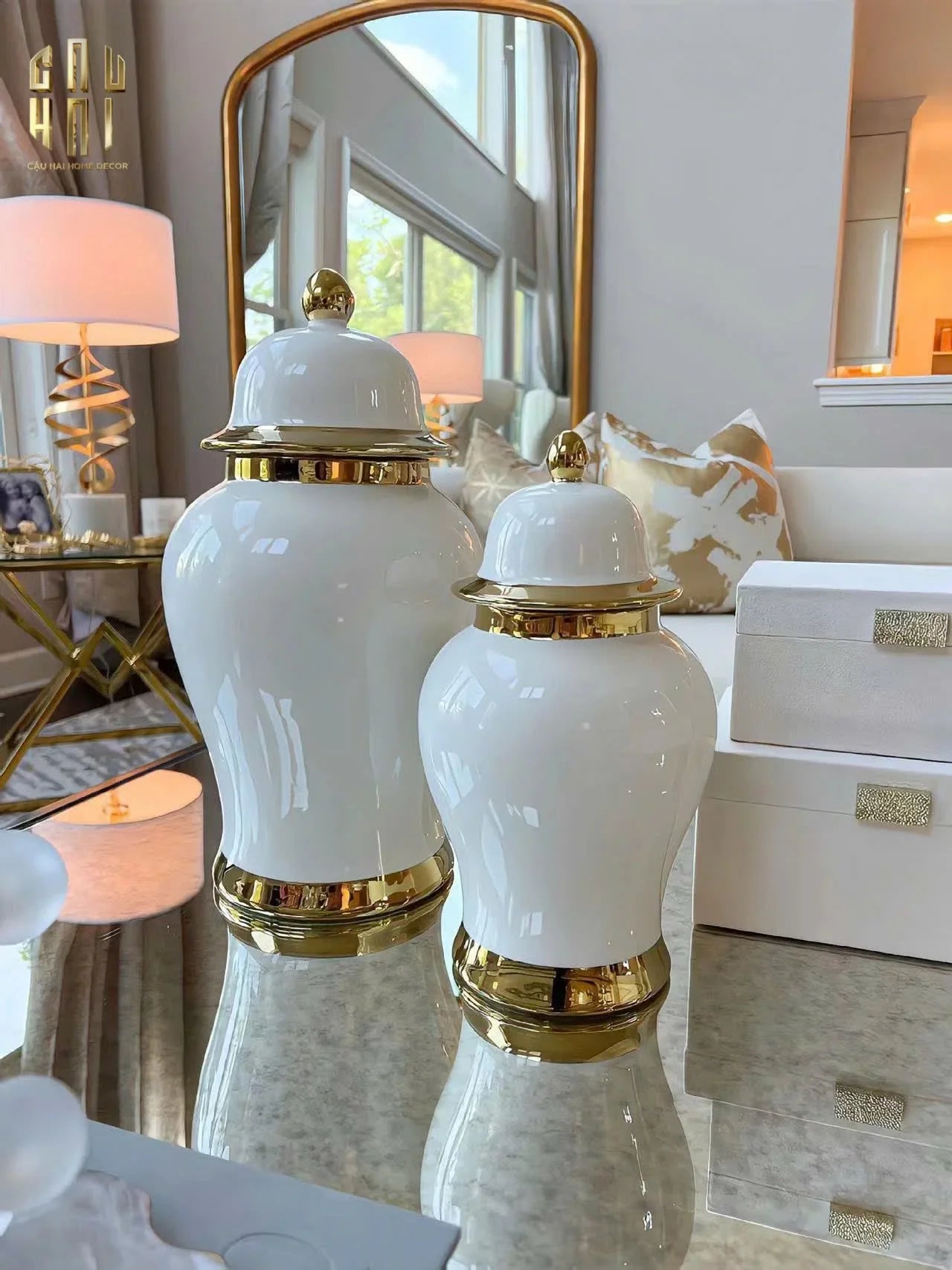 BÌNH HOA CÉRAMIQUE BLANCHE WHITE & GOLD HARMONY H42 - CẬU HAI HOME DECOR