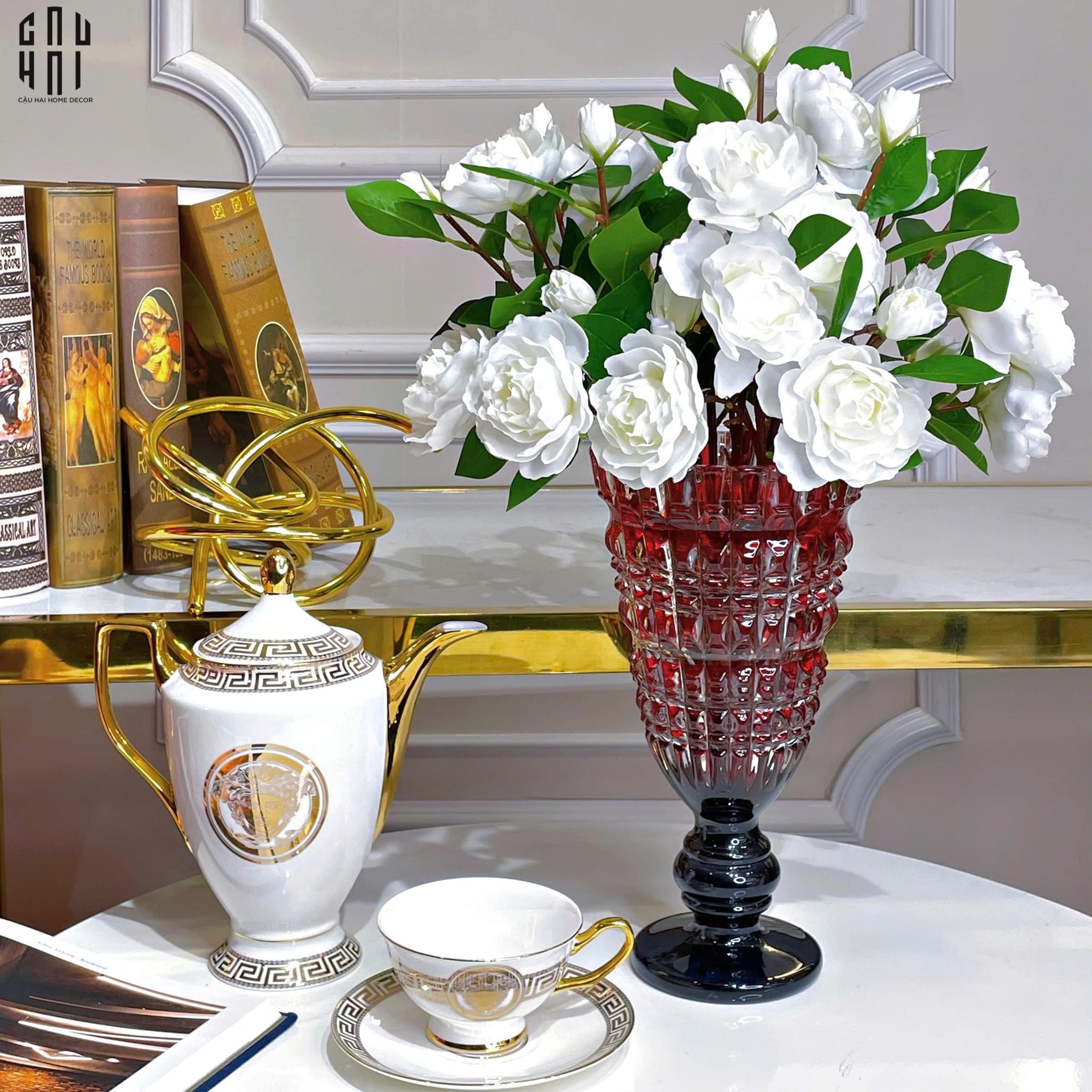 BÌNH HOA THUỶ TINH CRYSTAL RUBY CRIMSON SS25-CẬU HAI HOME DECOR