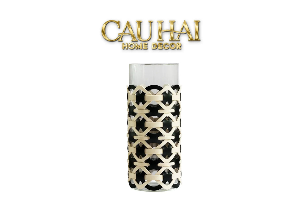 Bình Hoa Thuỷ Tinh Hình Trụ Phối Da Đan Woven Leather Cylinder Glass Vase 10x25-BÌNH HOA-CẬU HAI HOME DECOR-CẬU HAI HOME DECOR