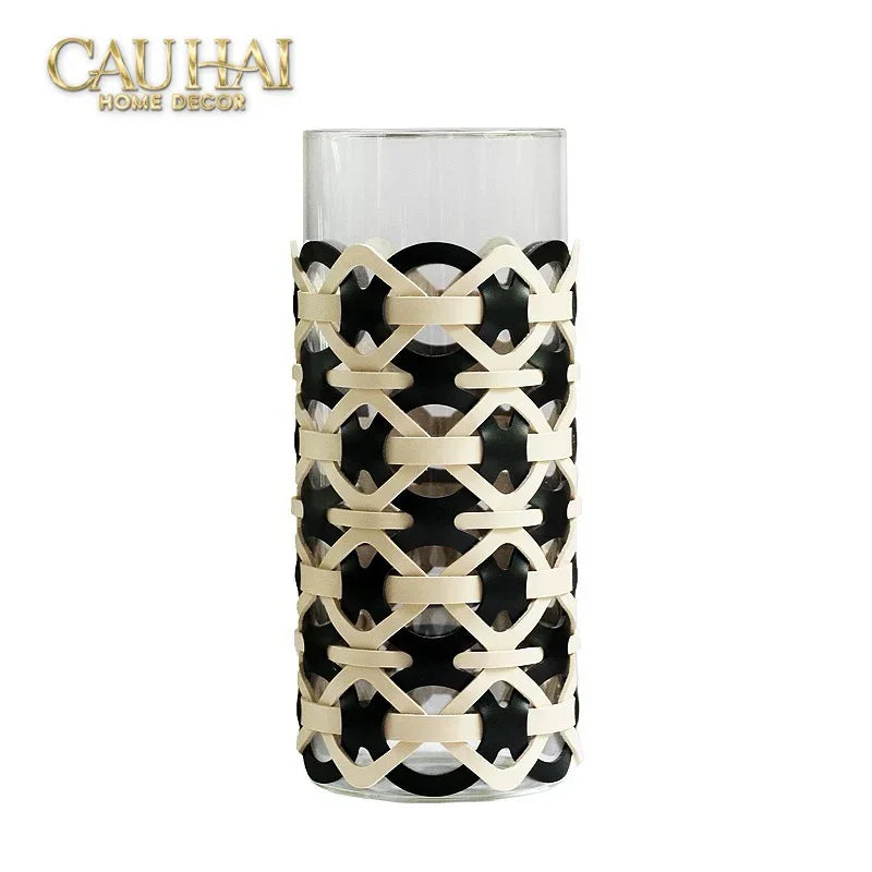 Bình Hoa Thuỷ Tinh Hình Trụ Phối Da Đan Woven Leather Cylinder Glass Vase 10x25-BÌNH HOA-CẬU HAI HOME DECOR-CẬU HAI HOME DECOR