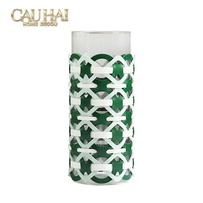 Bình Hoa Thuỷ Tinh Hình Trụ Phối Da Đan Woven Leather Cylinder Glass Vase 10x25-BÌNH HOA-CẬU HAI HOME DECOR-CẬU HAI HOME DECOR