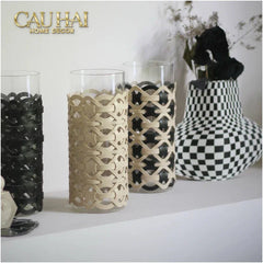 Bình Hoa Thuỷ Tinh Hình Trụ Phối Da Đan Woven Leather Cylinder Glass Vase 10x25-CẬU HAI HOME DECOR