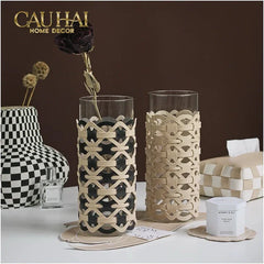 Bình Hoa Thuỷ Tinh Hình Trụ Phối Da Đan Woven Leather Cylinder Glass Vase 10x25-CẬU HAI HOME DECOR