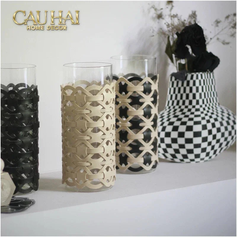 Bình Hoa Thuỷ Tinh Hình Trụ Phối Da Đan Woven Leather Cylinder Glass Vase 10x25-BÌNH HOA-CẬU HAI HOME DECOR-CẬU HAI HOME DECOR