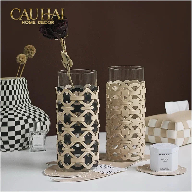 Bình Hoa Thuỷ Tinh Hình Trụ Phối Da Đan Woven Leather Cylinder Glass Vase 10x25-BÌNH HOA-CẬU HAI HOME DECOR-CẬU HAI HOME DECOR