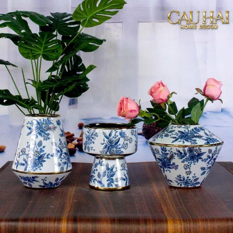 Bộ Bình Hoa Indochine Thanh Hoa Cát Lợi Tường Hoà Indigo Porcelain Vases 20x22.5 / 16.5x19-BÌNH HOA-Đối tác tại Trung Quốc theo từng đơn đặt hàng-CẬU HAI HOME DECOR