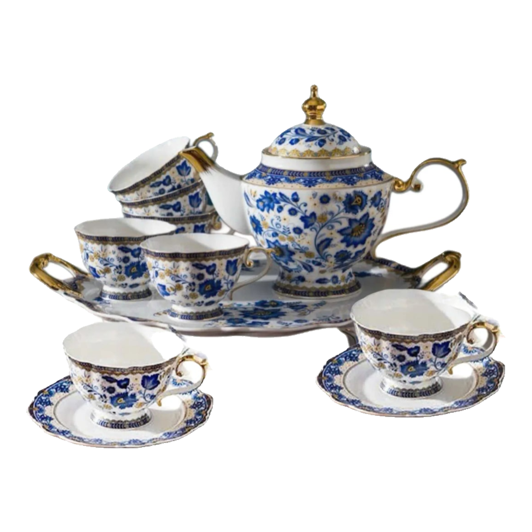 Maison Couture – Set Bình Trà Khay Sứ 6 Tách Indochine Héritage Indigo Blue Floral Porcelain 10Pcs-SET BÌNH TRÀ-Đối tác tại Trung Quốc theo từng đơn đặt hàng-CẬU HAI HOME DECOR