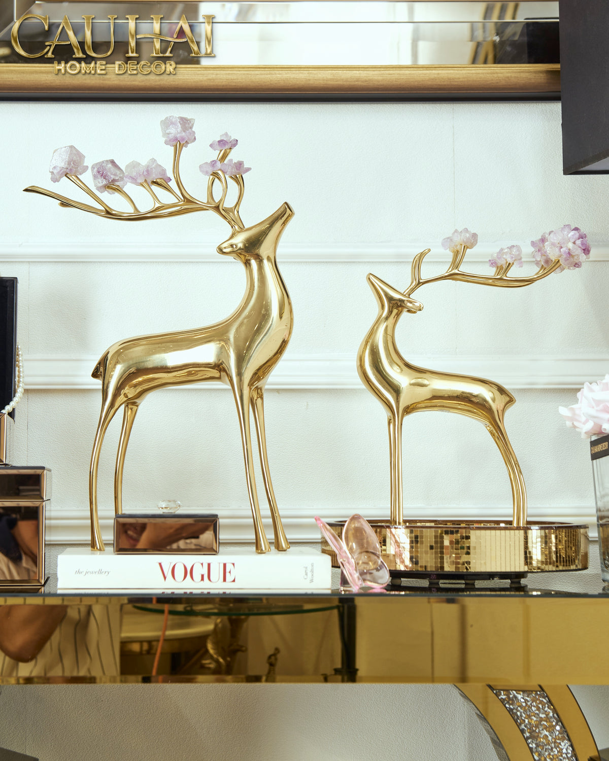 Set Tượng Maison Couture Golden Alley Elk H42/H32-TƯỢNG TRANG TRÍ-CẬU HAI HOME DECOR-CẬU HAI HOME DECOR