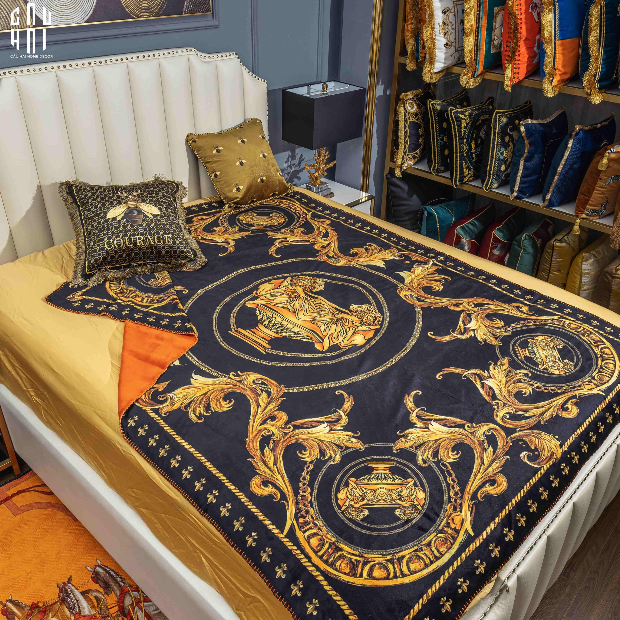 CHĂN NHUNG CAO CẤP VIRTUS GALA BLACK BAROCCO FRAME - LUXURY VELVET BLANKET 150x200. - CẬU HAI HOME DECOR