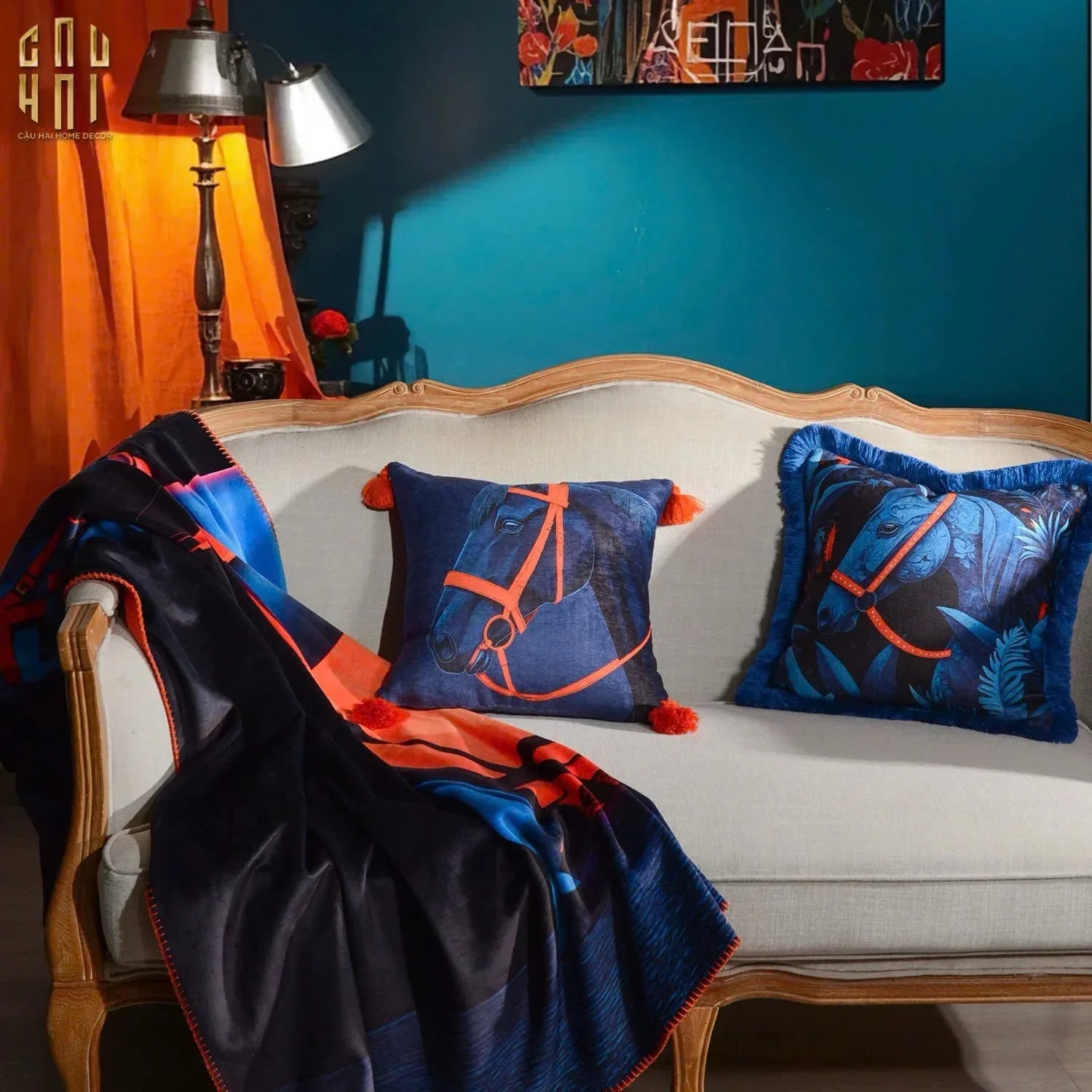 Chăn Sofa Nhung Hà Lan Marine Stallion Royale Bleu Velvet Blanket - 150X150-CẬU HAI HOME DECOR
