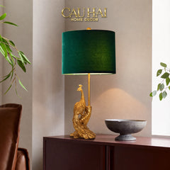 Đèn Bàn Khổng Tước Chụp Nhung Emerald Gold Le Impérial Paon Side Table Lamp 25x64-CẬU HAI HOME DECOR