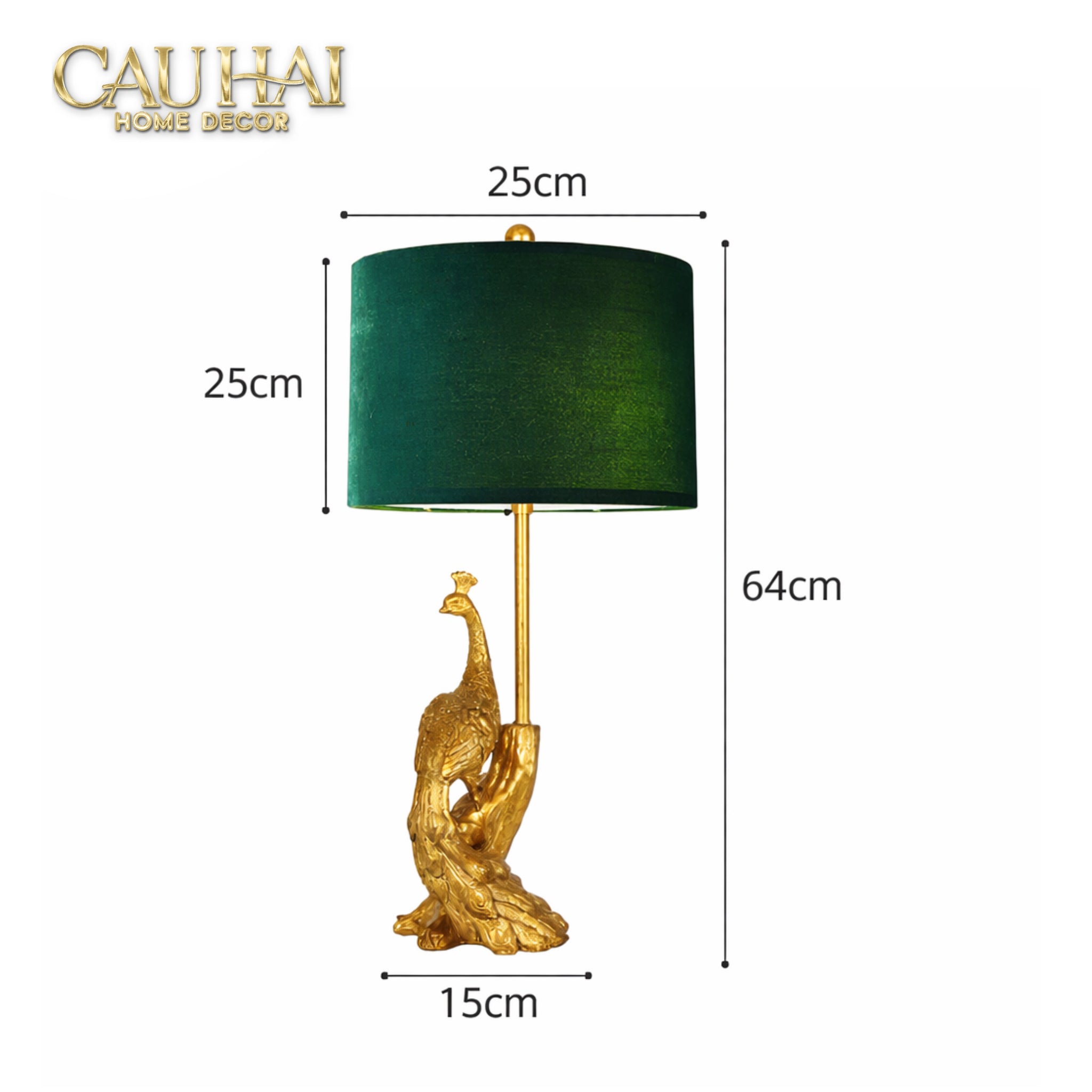 Đèn Bàn Khổng Tước Chụp Nhung Emerald Gold Le Impérial Paon Side Table Lamp 25x64-CẬU HAI HOME DECOR
