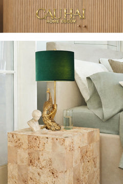 Đèn Bàn Khổng Tước Chụp Nhung Emerald Gold Le Impérial Paon Side Table Lamp 25x64-CẬU HAI HOME DECOR