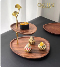 Đĩa 2 Tầng Gỗ Óc Chó Lá Ngân Hạnh - Ginkgo Walnut Deux Niveaux Étagère 26x29-CẬU HAI HOME DECOR
