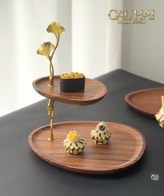 Đĩa 2 Tầng Gỗ Óc Chó Lá Ngân Hạnh - Ginkgo Walnut Deux Niveaux Étagère 26x29-CẬU HAI HOME DECOR