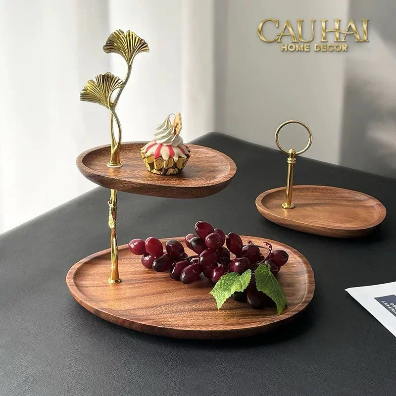 Đĩa 2 Tầng Gỗ Óc Chó Lá Ngân Hạnh - Ginkgo Walnut Deux Niveaux Étagère 26x29-CẬU HAI HOME DECOR