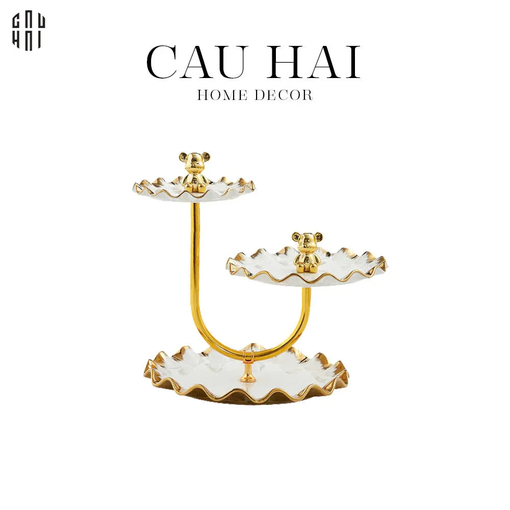 ĐĨA BÁNH 3 TẦNG CERAMIC GOLDEN LINES TEDDY BEARS SS25 - CẬU HAI HOME DECOR
