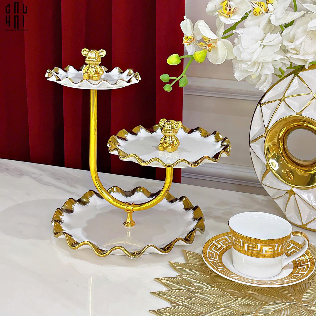 Đĩa Bánh 3 Tầng Ceramic Golden Lines Teddy Bears Ss25-SET CHÉN DĨA-Đối tác tại Trung Quốc theo từng đơn đặt hàng-CẬU HAI HOME DECOR