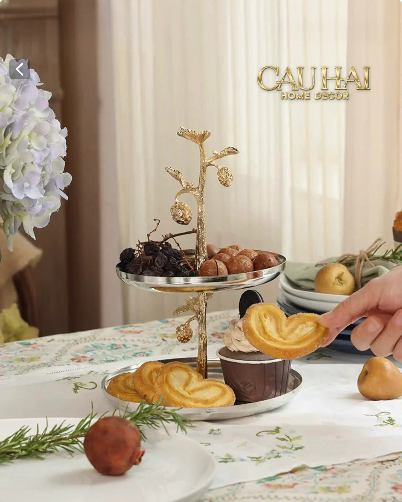 Elysian Couture - Đĩa 2 Tầng Platinum Elysian Golden Divine Olive Branch 17x24-CẬU HAI HOME DECOR