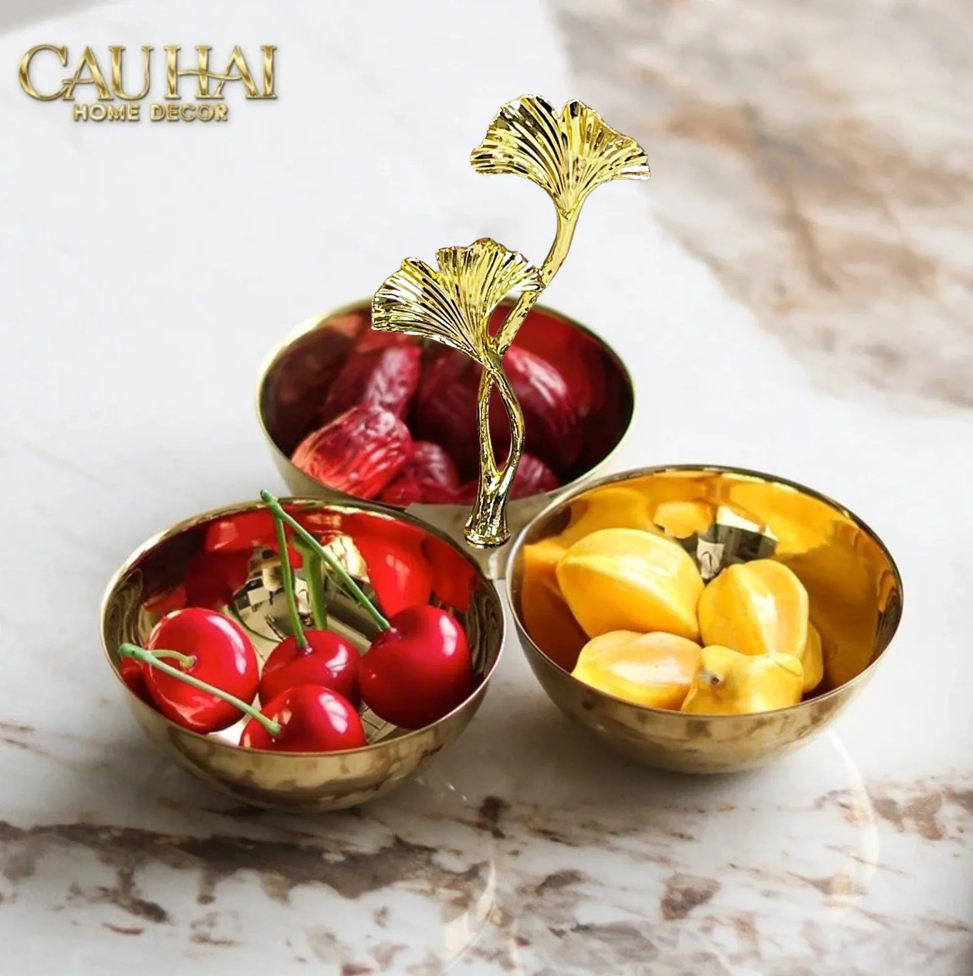 Elysian Couture - Đĩa Trái Cây 3 Ngăn Triptyque Golden Branch Ginkgo Trois Éclat-CẬU HAI HOME DECOR