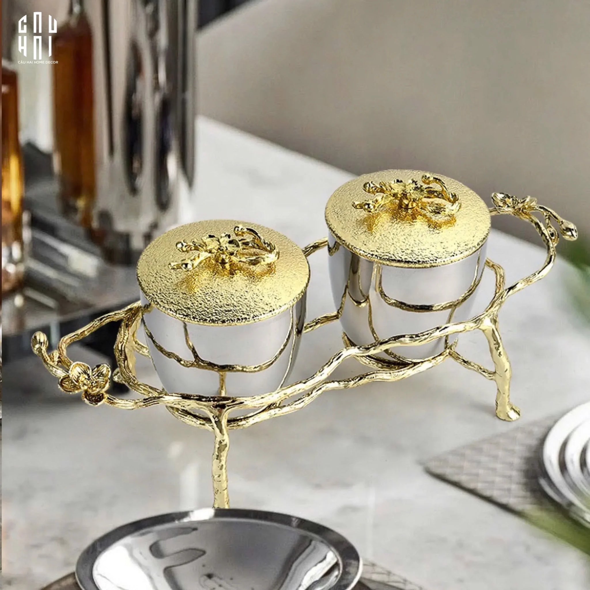 Elysian Couture - Lọ Kẹo Chân Đồng - Brasson Platinum Jar.- Les Fleurs 12x12x28-CẬU HAI HOME DECOR