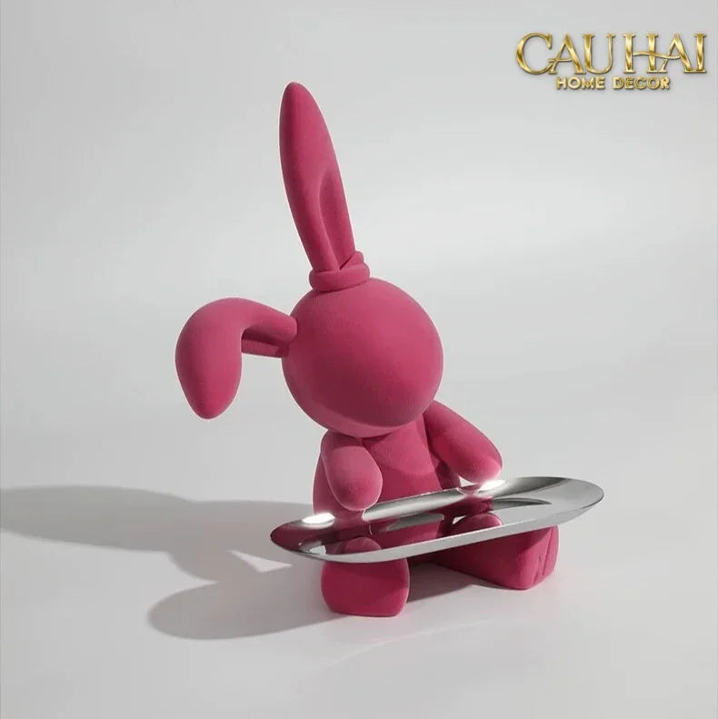 Elysian Couture - Tượng Thỏ Nhung - Figurine Lapin Pink Velour Maison H30-CẬU HAI HOME DECOR