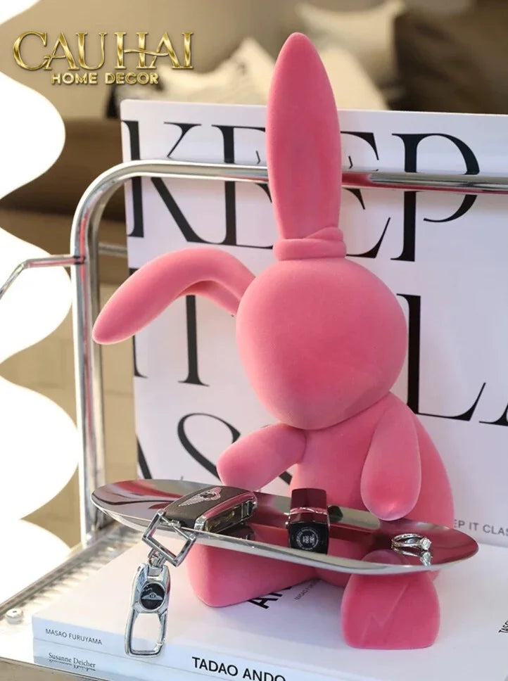 Elysian Couture - Tượng Thỏ Nhung - Figurine Lapin Pink Velour Maison H30-CẬU HAI HOME DECOR
