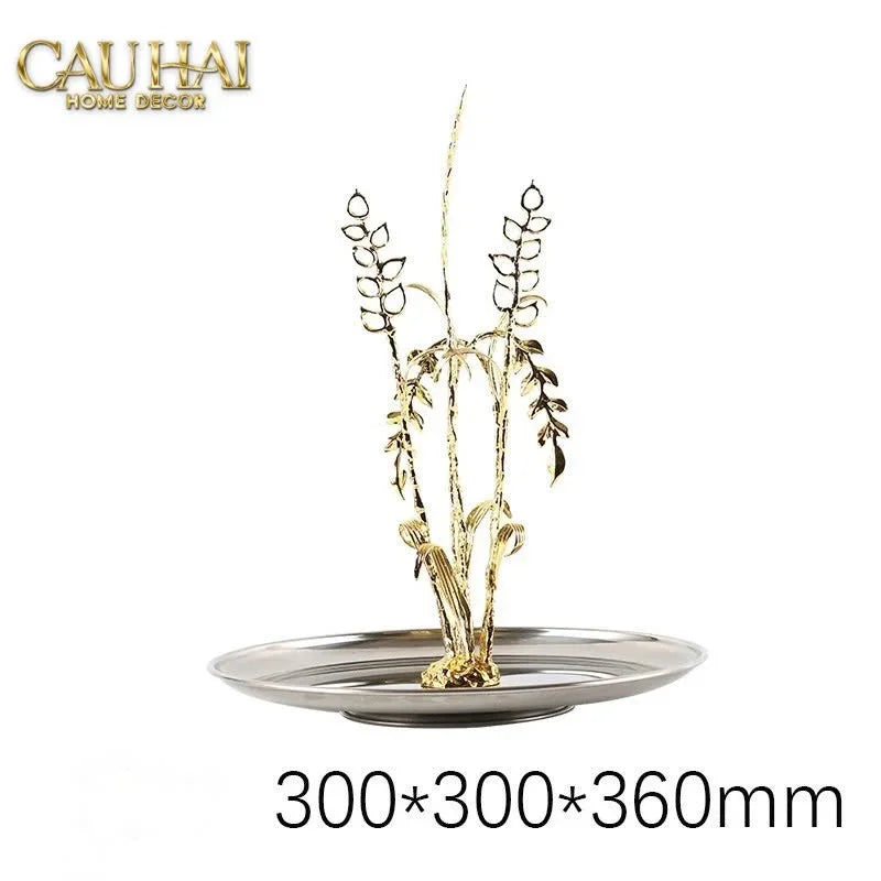 Elysian - Khay Tròn Đĩa Trái Cây Platinum Métallique Golden Eucalyptus Branch D30-KHAY TRANG TRÍ-Đối tác tại Trung Quốc theo từng đơn đặt hàng-CẬU HAI HOME DECOR