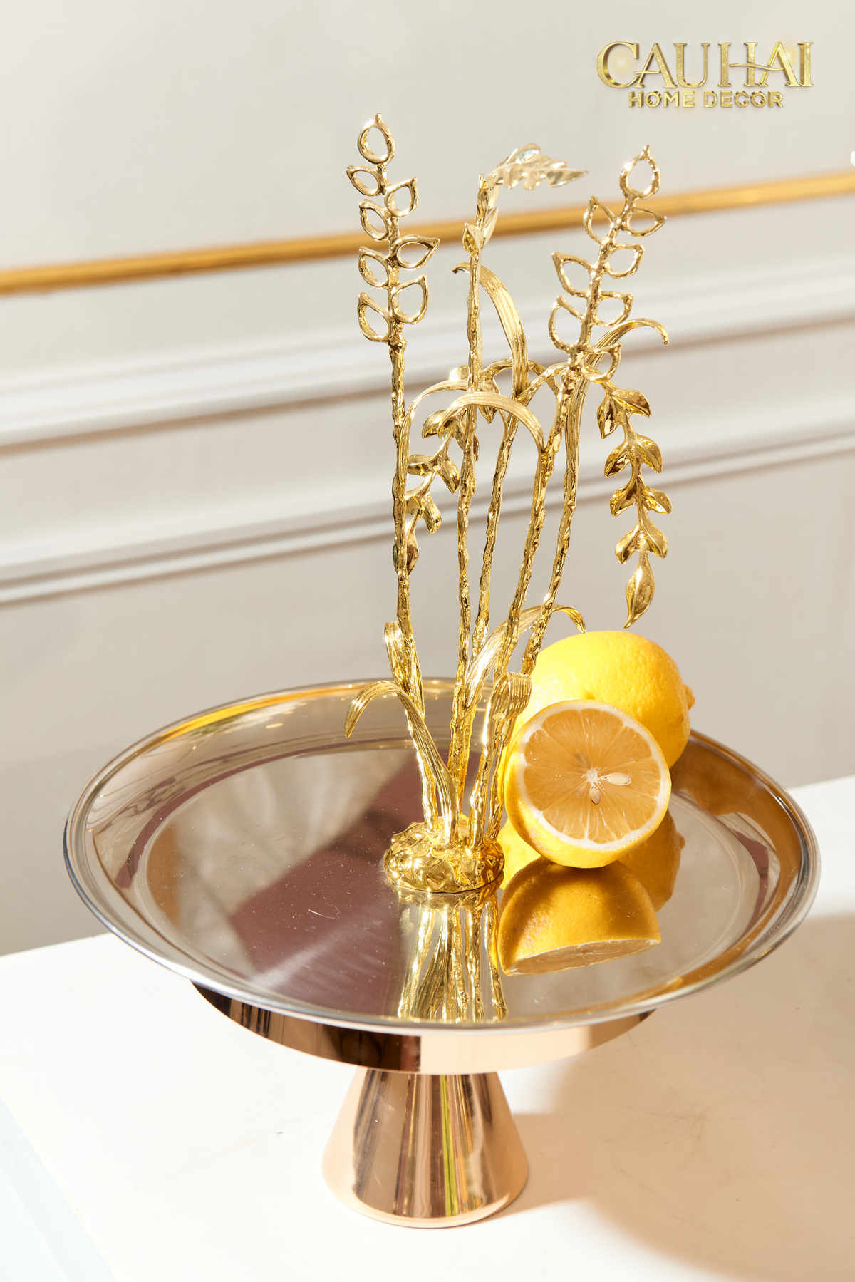 Elysian - Khay Tròn Đĩa Trái Cây Platinum Métallique Golden Eucalyptus Branch D30-KHAY TRANG TRÍ-Đối tác tại Trung Quốc theo từng đơn đặt hàng-CẬU HAI HOME DECOR