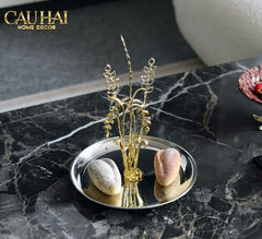 Elysian - Khay Tròn Đĩa Trái Cây Platinum Métallique Golden Eucalyptus Branch D30-CẬU HAI HOME DECOR