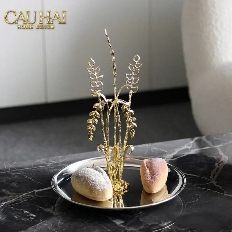 Elysian - Khay Tròn Đĩa Trái Cây Platinum Métallique Golden Eucalyptus Branch D30-CẬU HAI HOME DECOR