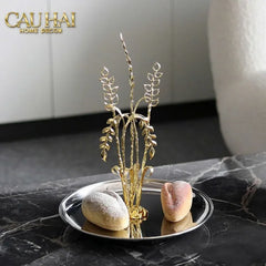 Elysian - Khay Tròn Đĩa Trái Cây Platinum Métallique Golden Eucalyptus Branch D30-CẬU HAI HOME DECOR
