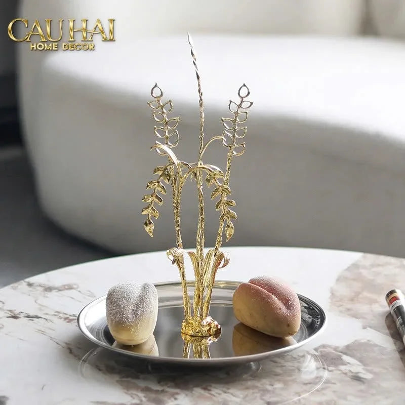 Elysian - Khay Tròn Đĩa Trái Cây Platinum Métallique Golden Eucalyptus Branch D30-CẬU HAI HOME DECOR