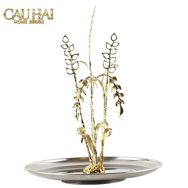 Elysian - Khay Tròn Đĩa Trái Cây Platinum Métallique Golden Eucalyptus Branch D30-CẬU HAI HOME DECOR