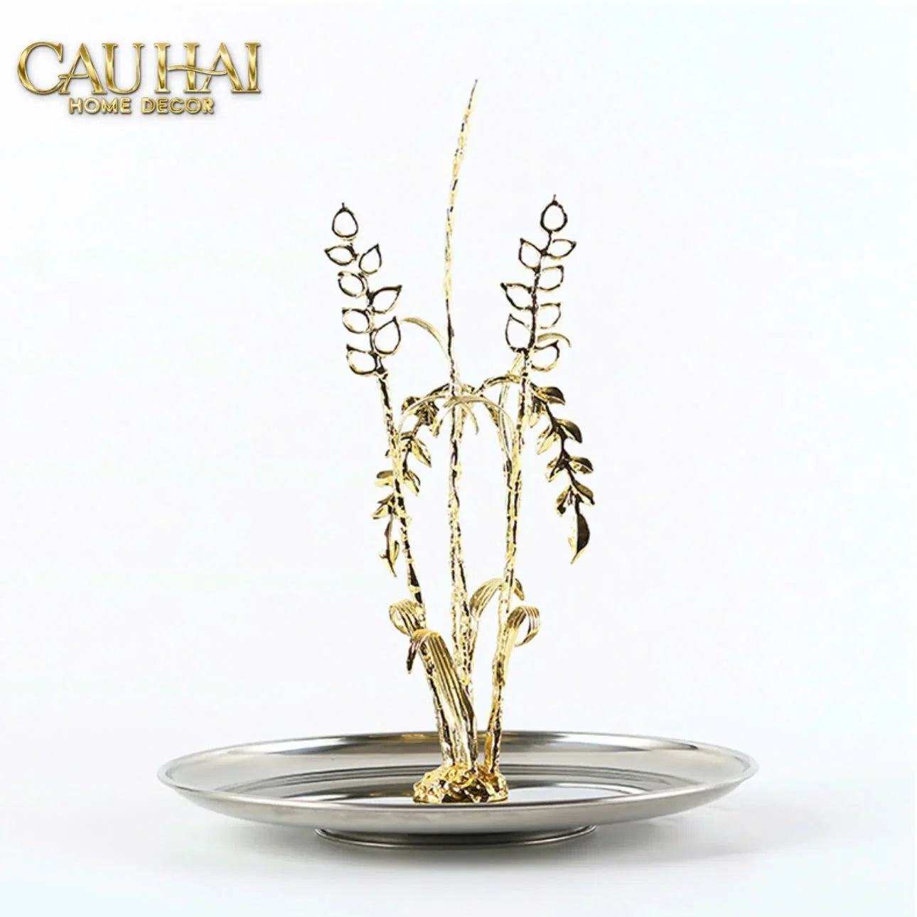 Elysian - Khay Tròn Đĩa Trái Cây Platinum Métallique Golden Eucalyptus Branch D30-CẬU HAI HOME DECOR